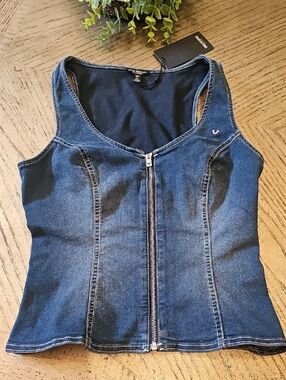 True Religion Dark Indigo Denim Zip Front Vezt Tank Size S NWT
